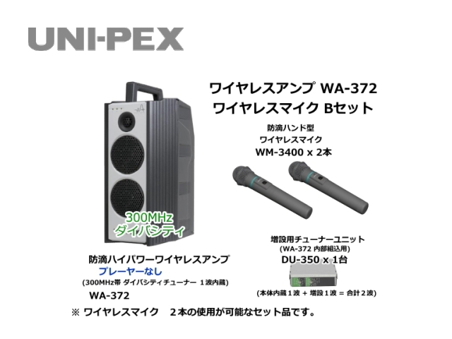 防滴ハイパワーワイヤレスアンプ ワイヤレスマイク Bセット WA-372-B-SET