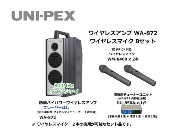 防滴ハイパワーワイヤレスアンプ ワイヤレスマイク Bセット WA-872-B-SET