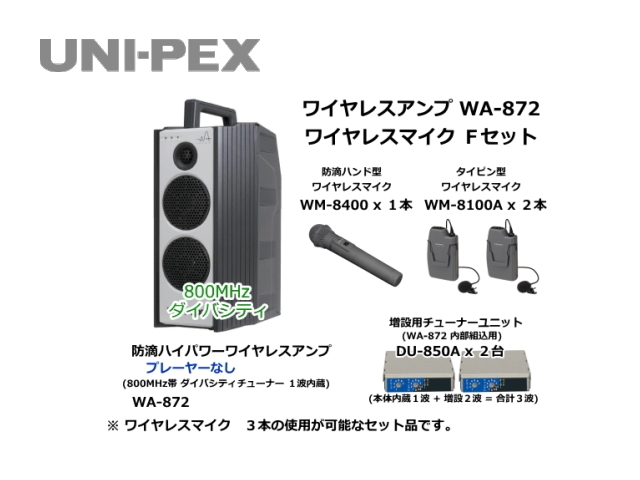 防滴ハイパワーワイヤレスアンプ ワイヤレスマイク Fセット WA-872-F-SET