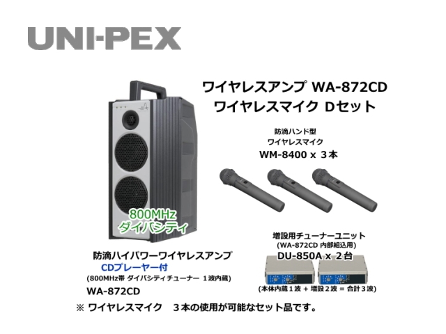 防滴ハイパワーワイヤレスアンプ ワイヤレスマイク Dセット WA-872SU-D-SET