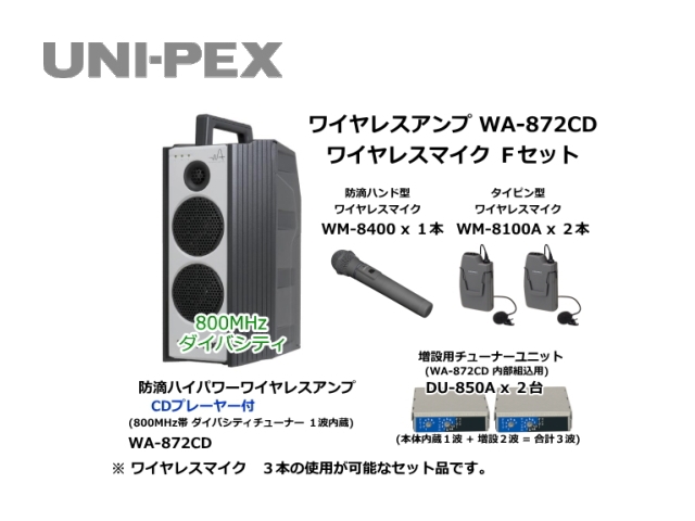 防滴ハイパワーワイヤレスアンプ ワイヤレスマイク Fセット WA-872CD-F-SET